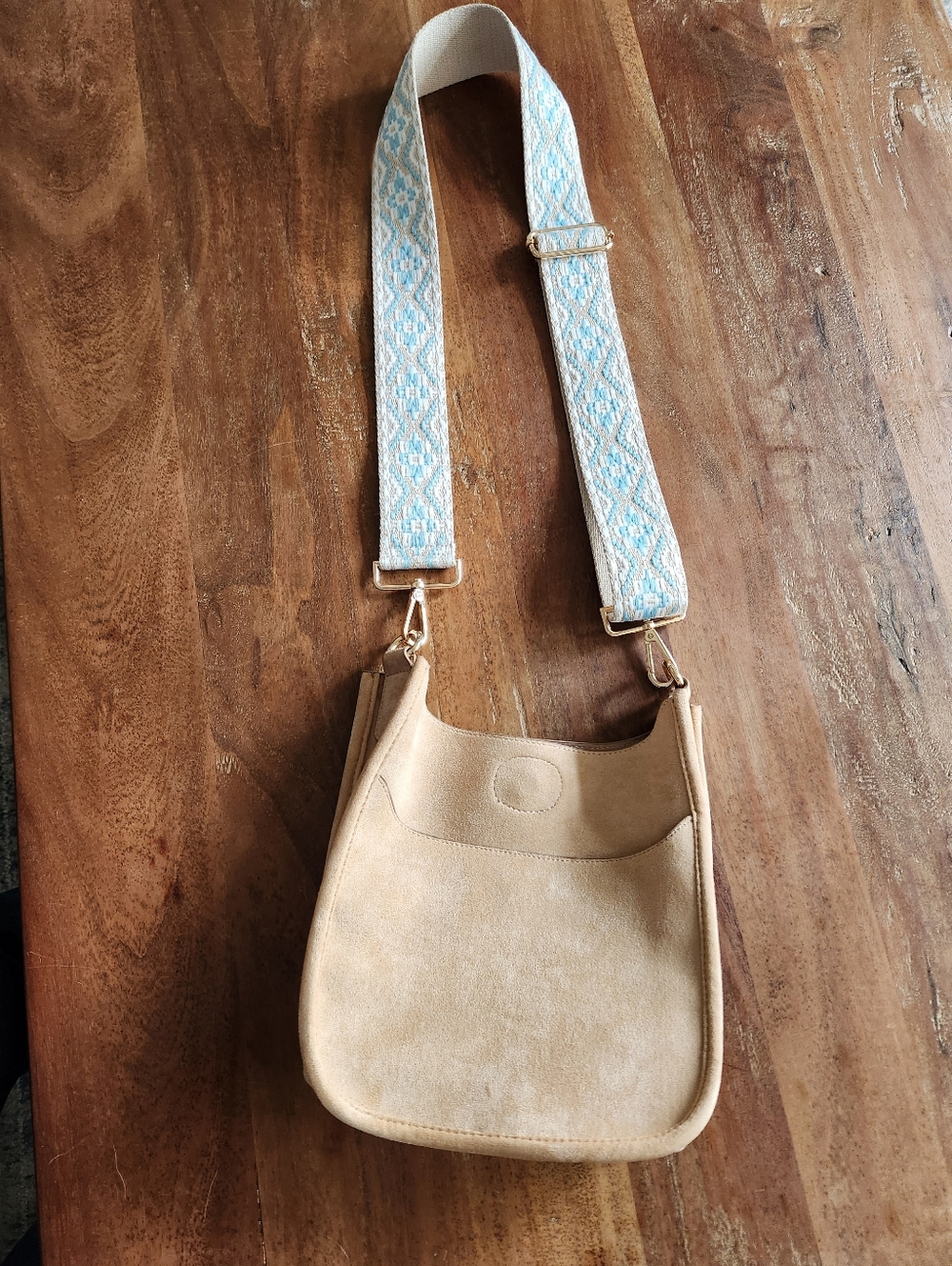 Ah Dorned Neutral Beige Vegan Suede Crossbody Bag with Patterned Blue Strap NWOT